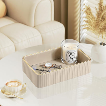 Desk Organizer Tray, PU Leather Valet Tray Nightstand Organizer Cologne Perfume Trays for Men Women, Decorative Vanity Trays Key Bowl Trinket Dish (Beige, 9.5" x 6" x 2.2")