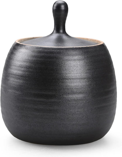 Retro Kitchen Canisters Ceramic Food Storage Jar Roud Shape with Silicone Airtight Lid for Tea, Coffee, Nuts, Herb, Spice, Sugar (Black)