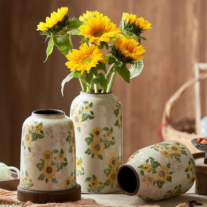 Vintage Ceramic Vase, 10.6 Inch Chinoiserie Sunflower Yellow Floral Vases, Retro Ice Cracked Rustic Antique Flower Vases for Modern Room Bathroom Shelf Home Decor (Large Cylinder)