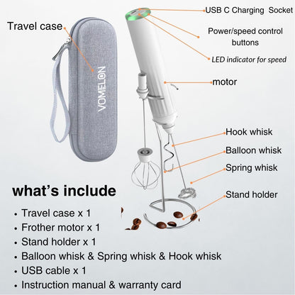 Milk Frother Handheld with 3 Stainless Steel Whisks, Rechargeable Electric Drink Mixer with Stand & Travel Case, Milk Foamer for Coffee, Latte, Cappuccino, Hot Chocolate, Egg,Jam Supplement-White