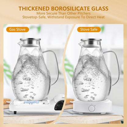 Glass Pitcher With Lid, 102oz Unique Petal Design, Stainless Steel Large Iced Tea Pitcher, Easy To Clean Lightweight Borosilicate Glass For Cold And Hot Beverages