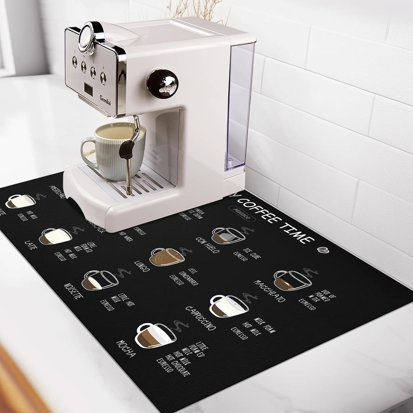 Matace Designer Coffee Bar Mat, Small 12 x 19 Inches, Rubber Backing, Absorbent Coffee Maker Mats for Dish Drying, Kitchen Countertop, Heat Resistant, Coffee Flavor Menu, Black