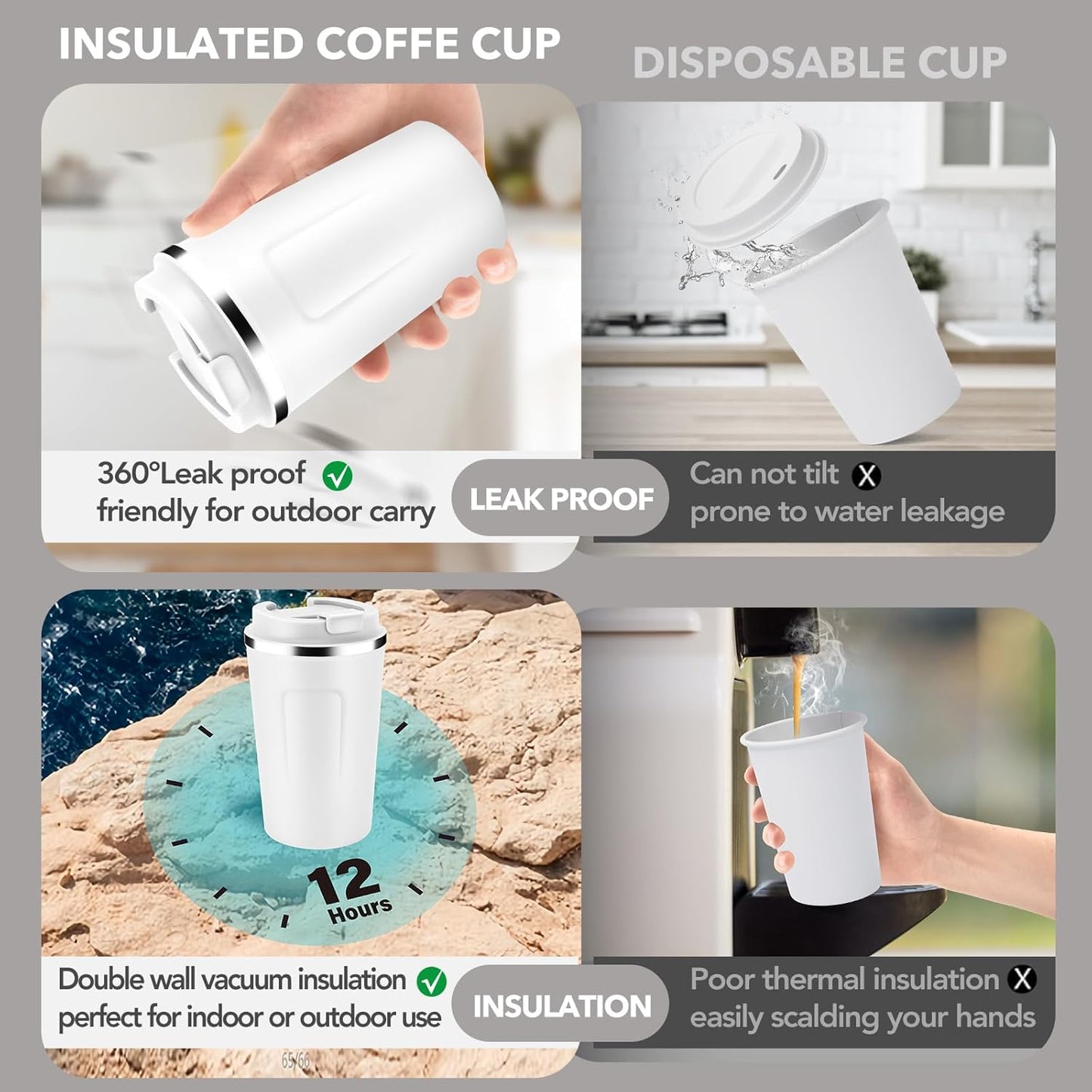 Volhoply 12 oz Double Wall Insulated Vacuum Travel Coffee Mug with Flip Lid Bulk 4 Pack,Reusable Stainless Steel Leak Proof Coffee Cups,Portable Cafe Thermal Tumbler for Hot & Cold Drinks(White,4 Set)