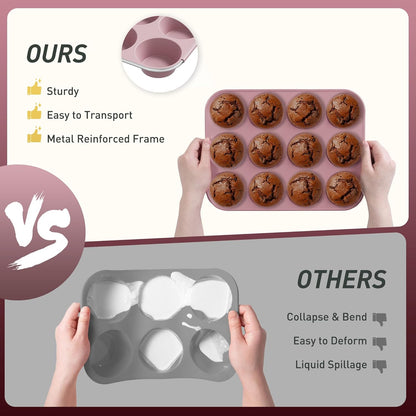 2 Pack 12 Cups Muffin Pan with Metal Reinforced Frame Regular Size Silicone Molds Cupcake Cake Baking Pans Cookie Baking Chocoflan Cupcake Mold Silicone Egg Bite Molds Baking Items Stuff