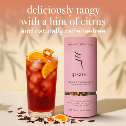 qìsane Organic Hibiscus Tea Bags with Mandarin Peel - Loose Leaf Hibiscus Tea, Organic Licorice Root, Cassia Seeds - Tangy Citrus Flavor to Help Support Strain and Tension - 10 sachets (~30 cups)