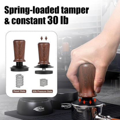 IKAPE 51mm Espresso Tamper, Spring-loaded Calibrated Tamper with Walnut Handle, Titanium Ripple Plating Base, Fits for 51 Espresso Machine Bottomless Portafilter