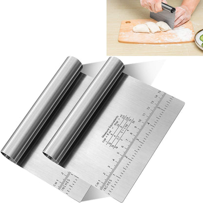 Pro Dough Pastry Scraper/Cutter/Chopper Stainless Steel Mirror Polished with Measuring Scale Multipurpose- Cake, Pizza Cutter - Pastry Bread Separator Scale Knife 2PCS