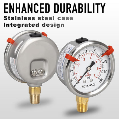 0 to 100 Psi Lead-Free Pressure Gauge, Glycerin Liquid Filled, 2.5 inch Dial, 1/4" NPT Lower Mount, Stainless Steel Case, for Water Pump, Pneumatic Air, Well Tank, RV Hose, Gas, Pressure Test