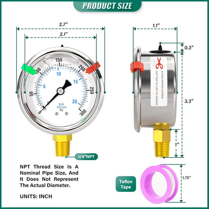 0-300psi Stainless Steel 1/4" NPT 2.5" Dial, Glycerin Liquid Filled Pressure Gauge Lower Mount Designed for Pressure Testing of Water, Oil and Air (with Range Mark Pointer)