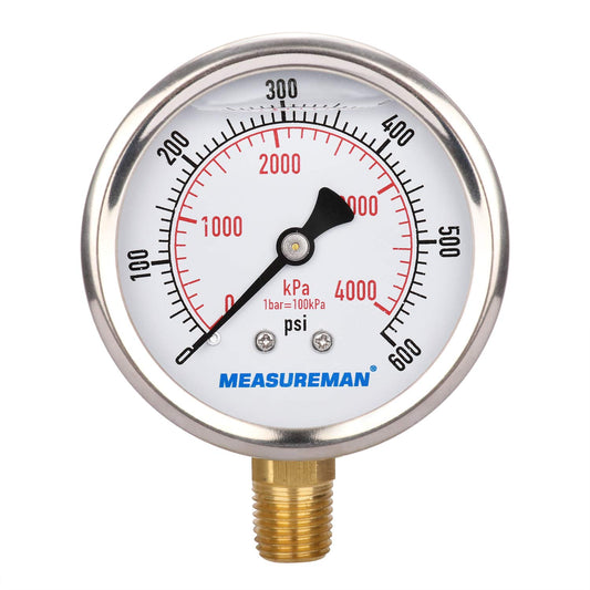 MEASUREMAN 2-1/2inch Dial Size, Oil Filled Pressure Gauge, 0-600psi/4000kpa, 304 Stainless Steel Case, 1/4inchNPT Lower Mount