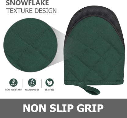 1 Pair Short Oven Mitts - Silicone Kitchen Oven Gloves High Heat Resistant 500℉, Mini Oven Mits with Non-Slip Grip Surfaces and Hanging Loop for BBQ, Baking, Cooking and Grilling (ArmyGreen)