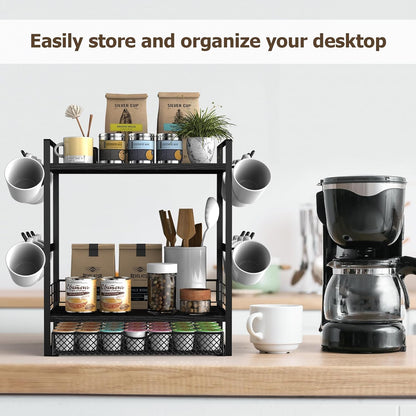Coffee Bar Organizer, 3 Tier Station for Countertop, Mug Cup Holder Stand With 28 K Cup Storage and 12 Hooks for Kitchen, Home & Office, Black
