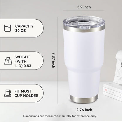 30 oz Tumbler with Lid Stainless Steel Tumblers Bulk Vacuum Insulated Cup Reusable Powder Coated Travel Mug Double Wall Leak Proof Cups Keep Cold Drinks for 12 Hours White, Set of 8