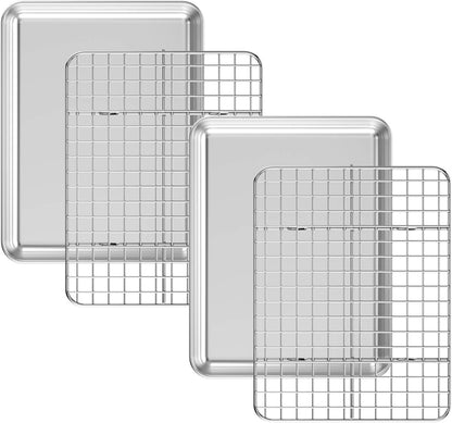 Baking Sheet with Cooling Rack Set [2 Sheets + 2 Racks], Deedro Stainless Steel Cookie Sheet Baking Pan Half Sheets Oven Tray with Rack, 10 x 8 x 1 Inch, Heavy Duty, Non-toxic, Dishwasher Safe