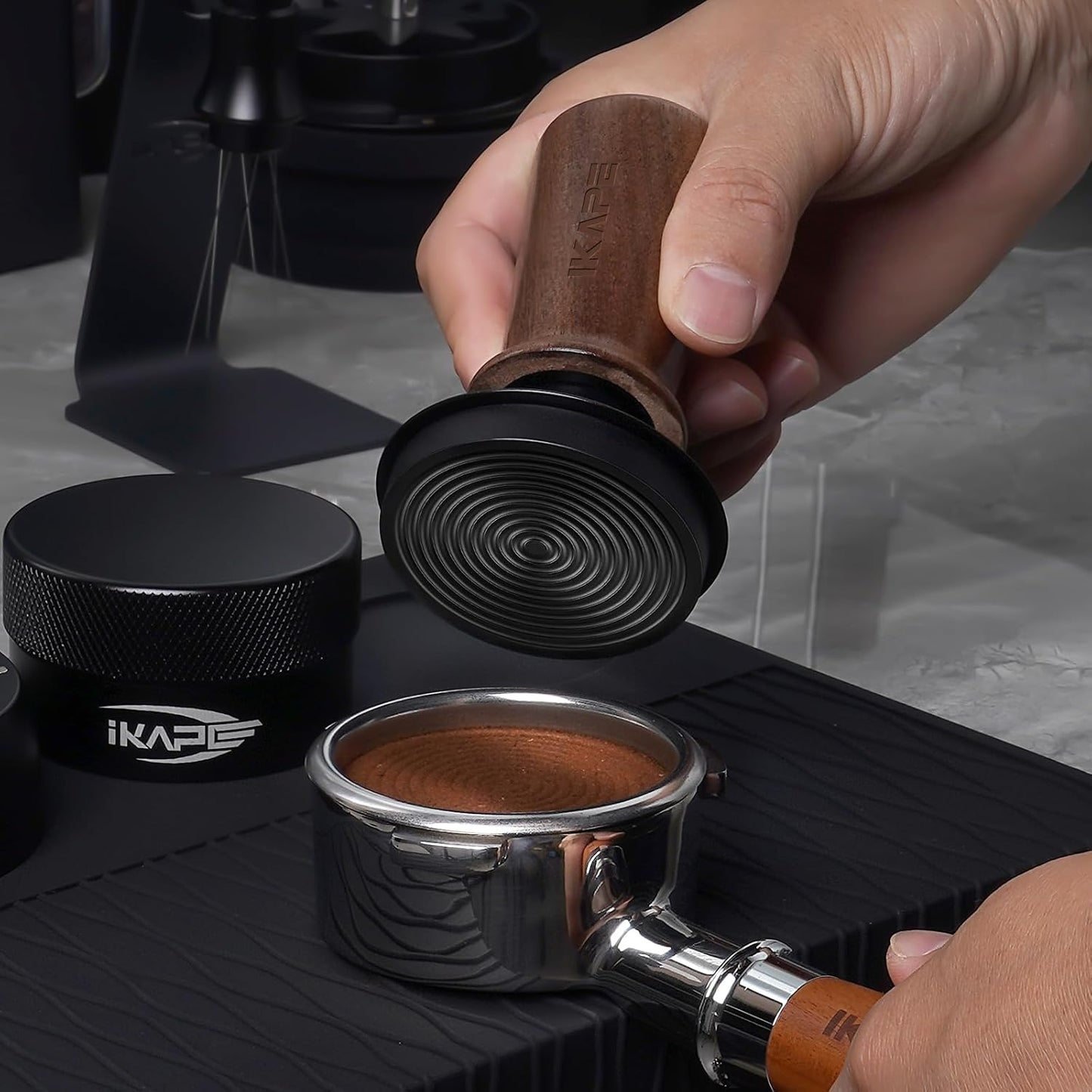 IKAPE 51mm Espresso Tamper, Spring-loaded Calibrated Tamper with Walnut Handle, Titanium Ripple Plating Base, Fits for 51 Espresso Machine Bottomless Portafilter