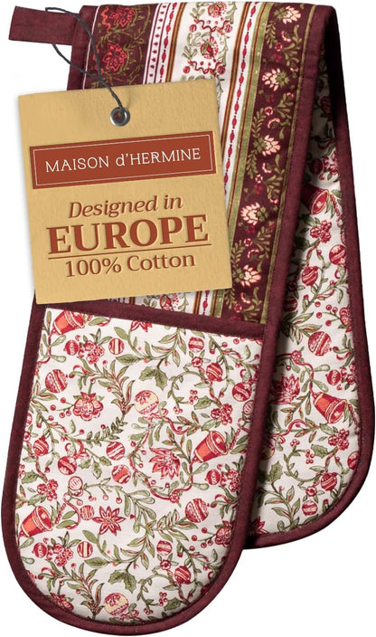 Maison d' Hermine Double Oven Mitts 100% Cotton 7"x35" Double Oven Mitt Heat Resistant BBQ Cooking Gloves with Loop, Baking, Grilling, Home, Kitchen, Handling Hot Pans (Reveillon Au Jardin)