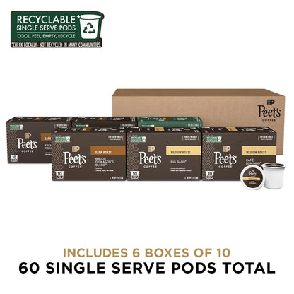 Peet's Coffee, Single Serve Coffee Pods Variety Pack - Major Dickason's Blend, Big Bang, French Roast, Café Domingo, Organic Alma De La Tierra, House Blend, 60 Count (6 Boxes of 10 Pods)