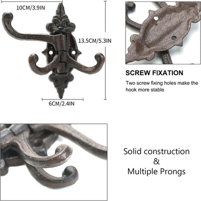 Sungmor 2-Pack Cast Iron 3-in-1 Flexible & Functional Swivel Wall Hook - Vintage Coat Hook Garden Planter Hanger - Heavy Duty Solid Metal Swing Hook - Clothes Hats Towels Bags Pots Tools Hanger