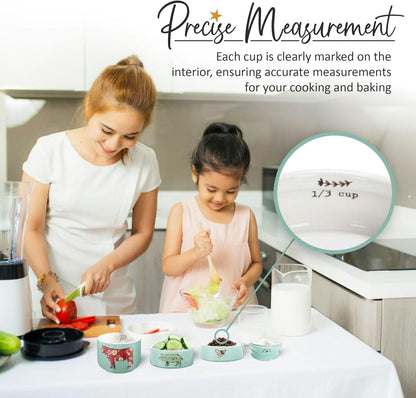 Pavilion Gift Company - 'Live Simply Bee, Chicken, Pig, and Cow' - 4-Piece Stoneware Measuring Cups Set, Sturdy Farmhouse-Style Kitchenware for Home Baking, Cooking, Gifting - Teal, 8 Ounces