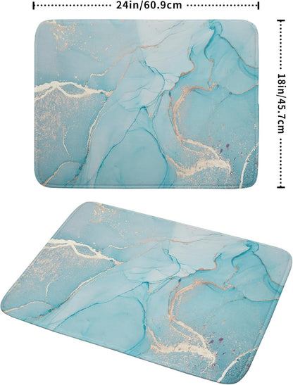 Teal Blue Marble Dish Drying Mat for Kitchen Counter Decor 18x24 Inch Absorbent Reversible Microfiber Turquoise Gold Dish Drying Pad Green Dish Drainer Rack Mats for Coffee Bar