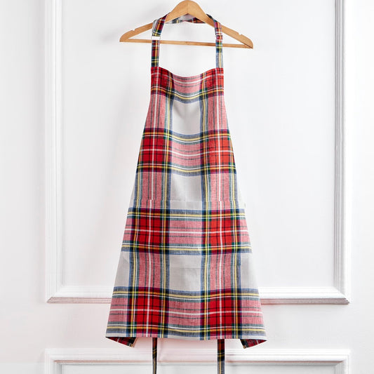 Solino Home Linen Bib Apron for Men & Women - White Plaid Kitchen Apron with Front Pockets - Handcrafted from European Flax