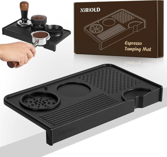 Espresso Tamping Mat, Coffee Tamper Mat, Food Grade Silicone 10.43″×5.63″ Portafilter Mat for Barista Espresso Machine Acceessories, Waterproof Heat Resistant Tamp Station for counter (Black)