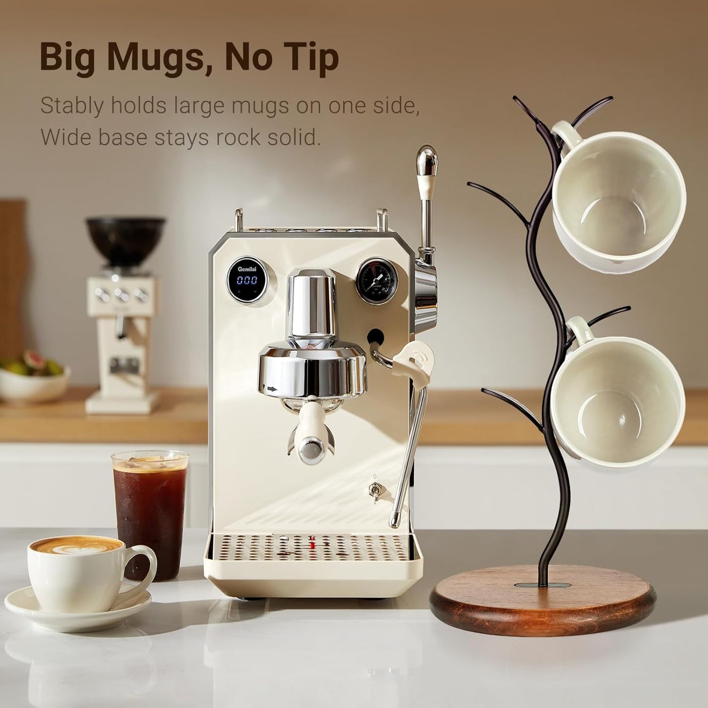 Sturdy Countertop Mug Tree with Solid Wood Base, Delicate Cast Iron Coffee Mug Holder, Countertop Coffee Cup Holder for Large Cups, Minimalist Mugs & Tea Cup Storage Rack (Set of 2)