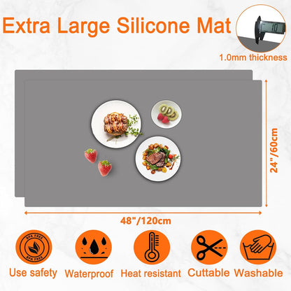 2Pack Large Silicone Mats for Kitchen Counter, 48''x24''(120cmx60cm) Heat Resistant Mat for Kitchen Island, Waterproof Multipurpose Countertop Protector, Light Gray