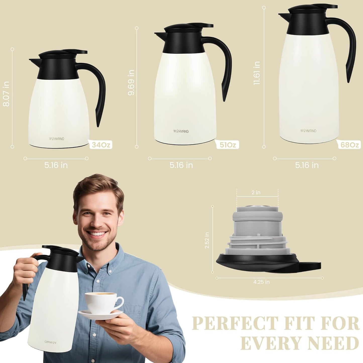68 Oz Thermal Coffee Carafe, Stainless Steel Insulated Vacuum coffee crafts to keep coffee hot, 2 Liter Tea Water Coffee and Beverage Dispenser (Cream)