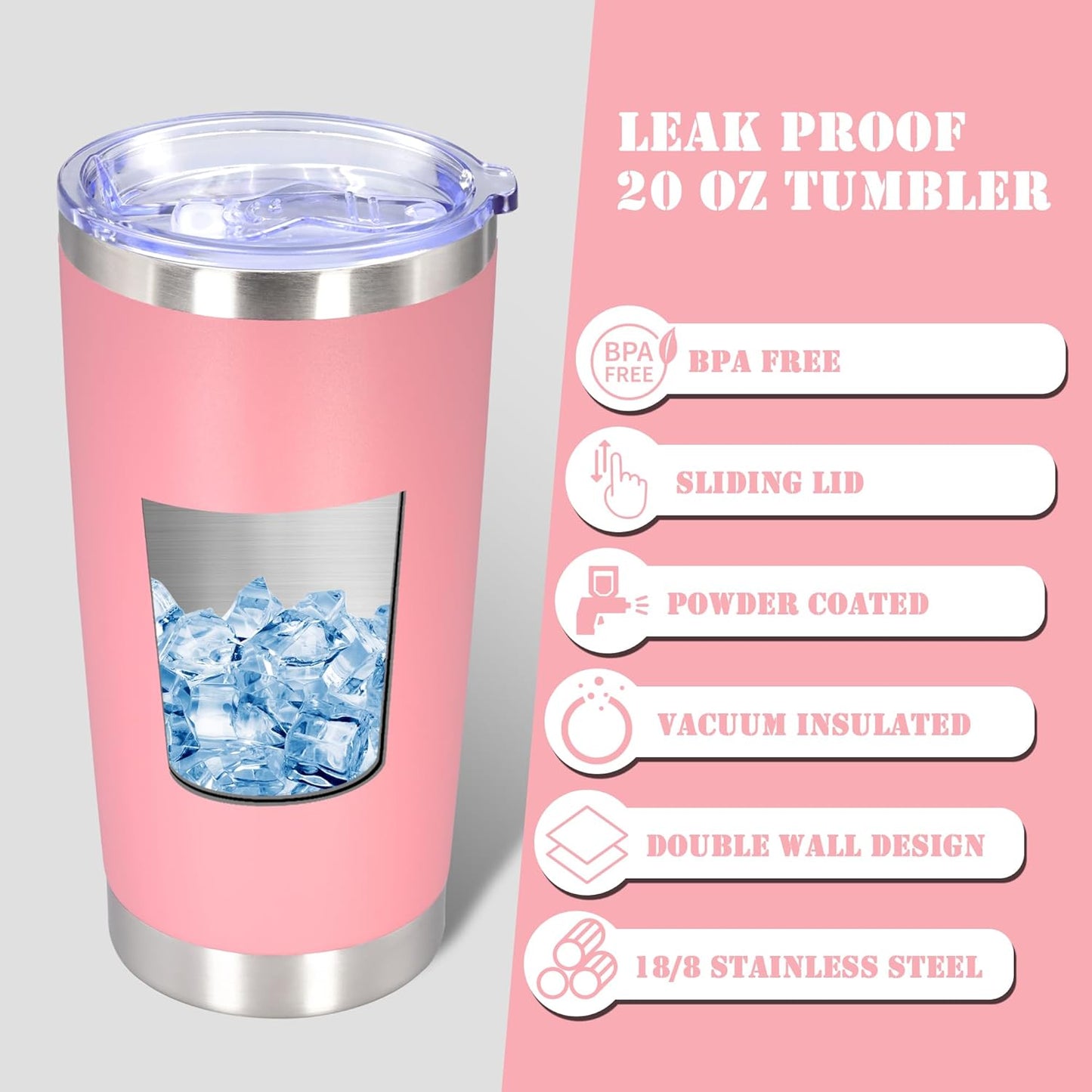 20 oz Tumbler with lid Double Wall Vacuum Insulated Tumblers Stainless Steel Coffee Mug Travel Coffee Tumbler Powder Coated Tumbler Cup Keep Hot&Cold - (Pink 1 Pack)