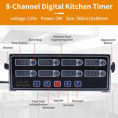 8-Channel Digital Kitchen Timer - Commercial Cooking Timer with Alarm Reminder- Professional Restaurant Timers for Fryer, Food Trucks, and Bakeries