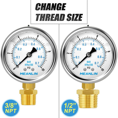 MEANLIN MEASURE 0~10Psi Stainless Steel 1/4" NPT 2.5" FACE DIAL,Liquid Filled Pressure Gauge,WOG Water Oil Air Lower Mount (Pack of 2), with 1/4" x 1/2" NPT and 1/4" x 3/8" NPT Hex Bushing