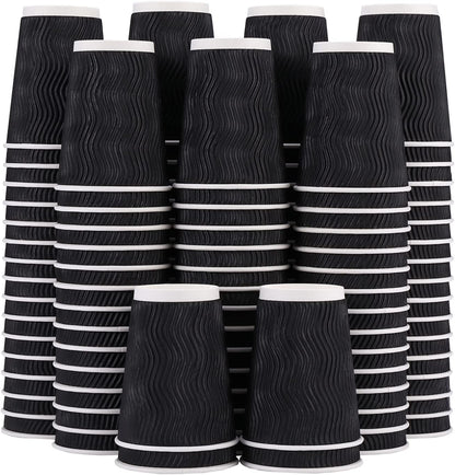 Lamosi 12 oz Disposable Coffee Cups - 120 Pack, Insulated Corrugated Paper Cups 12 oz, Kraft Ripple Wall Cups for Hot Beverage or Cold Drinks Office/Home/Party/Travel/Cafe (Black)