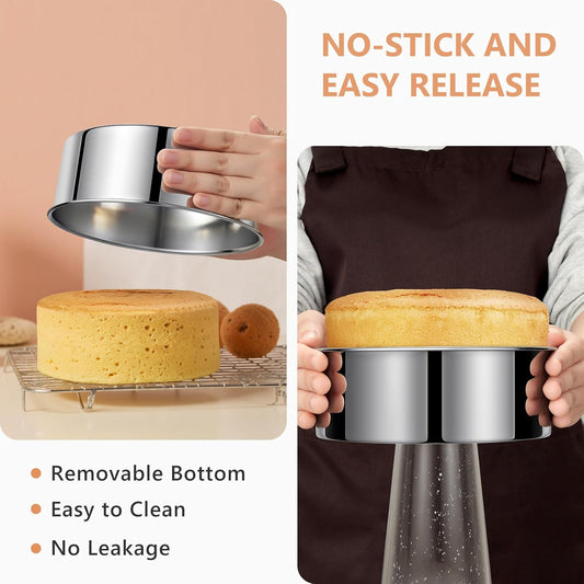 7 Inch Round Cake Pans, Removable Bottom & Easy Releasing, 304 Stainless Steel Cake Pan, Non-Toxic & Healthy Cake Baking Cheesecake Pan, Leakproof & Nonstick