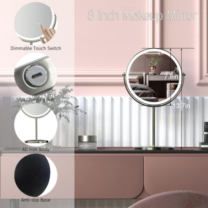 8" Lighted Vanity Mirror with Lights, 1X/10X Magnifying Makeup Mirror, Double Sided 360 Swivel USB Rechargeable, 3 Color Lights, Gifts for Women Mom Teen Girls