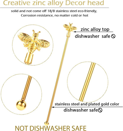 4Pcs Bumble Bee Cocktail Stirrers Swizzle Sticks Stainless Steel 7.5" Coffee Beverage Stir Sticks with Gold Decor Top for Mixing Cocktail, Hot Cocoa, Creamer