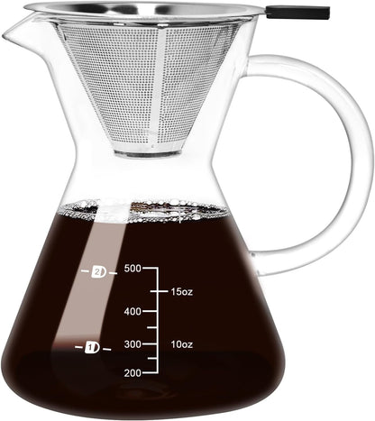 500ML(16.9oz) Glass Pour Over Coffee Maker with Double Stainless Filte - 4 Cup (Approx Refers to 4 oz. Per Cup) Thickened Heat-Resistant Paperless Pour Over Coffee Dripper Perfect Extraction for Home