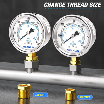 MEANLIN MEASURE 0~300Psi Dry Pressure Gauge Stainless Steel 1/8" NPT 2" FACE DIAL Waterproof for Air Compressor Air Regulator Water Filter Lower Mount, with 1/4" NPT and 3/8" NPT Hex Bushing