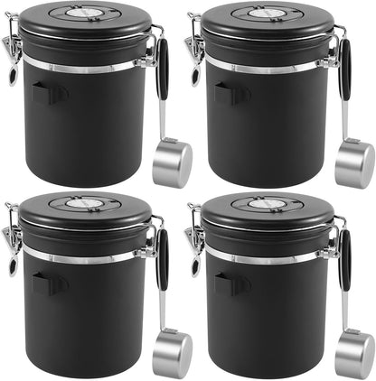4PCS Coffee Storage Canister 1.5L Double Airtight Coffee Beans Container with Date Locator 304 Stainless Steel Kitchen Food Storage Container with Spoon for Tea Sugar,Black