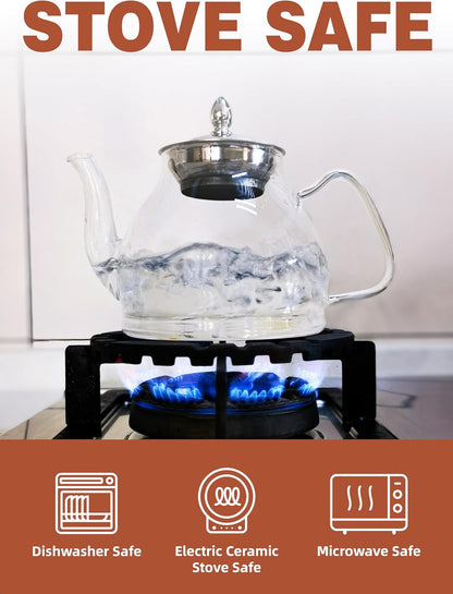 TETWIN Glass Teapot Including 6 Blooming Flower Tea Balls, Stovetop Safe Tea Pot with Removable Infuser for Loose Leaf Tea, 1000ml / 33.8oz