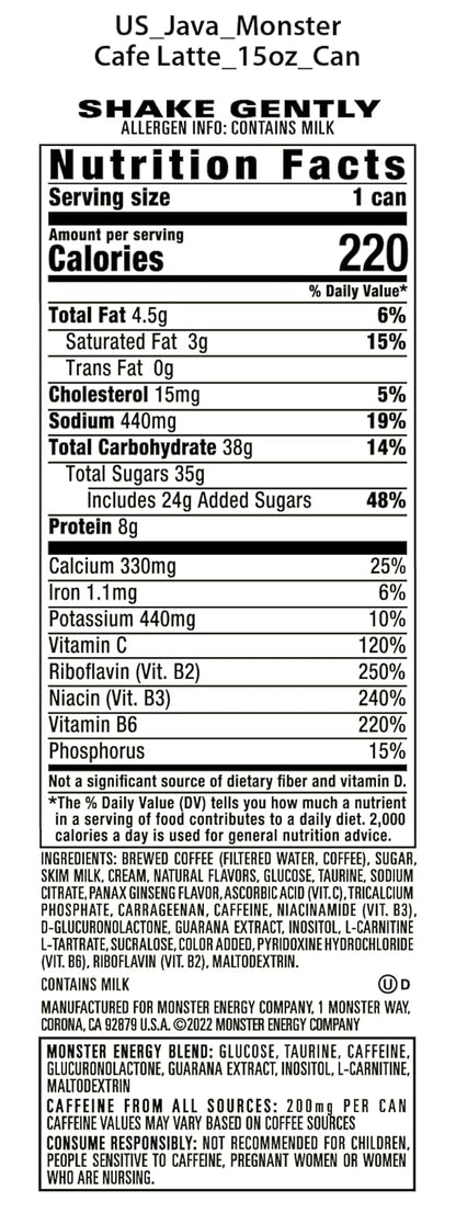 Monster Energy Java Café Latte, Coffee + Energy Drink, 15 Ounce (Pack of 12)