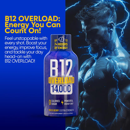 B12 Overload Extra Strength Energy Shot – Mixed Berry – 260mg Caffeine, 14000% B12, Electrolytes – Energy & Vitality Support – Zero Sugar No Calories – Vegan, Kosher, Gluten-Free – 1.93 fl oz, 24-Pack