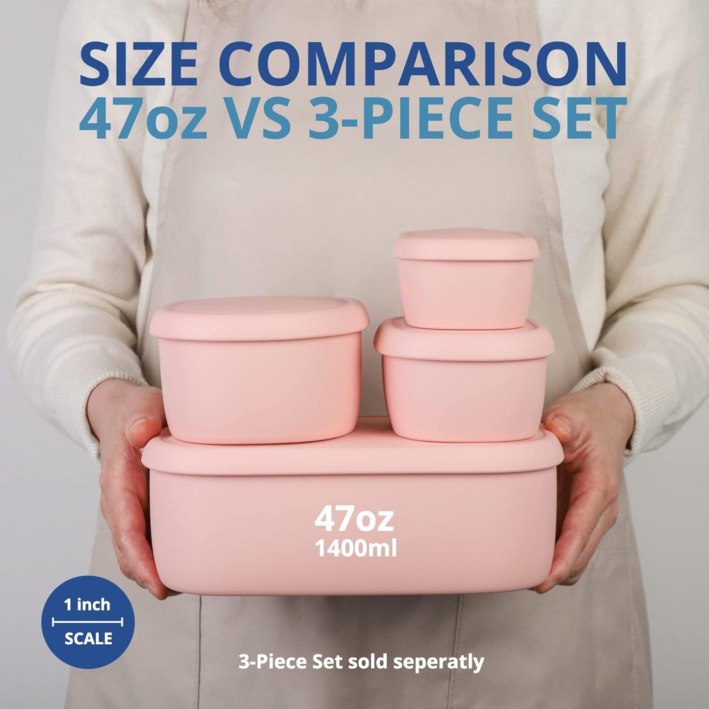 BLUE GINKGO Nesting Silicone Containers - Large Silicone Food Storage Container | BPA Free, Airtight, Dishwasher and Freezer Safe (47.5 oz) - Pink