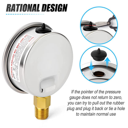 MEANLIN MEASURE 0~60Psi Stainless Steel 1/4" NPT 2.5" FACE DIAL,Liquid Filled Pressure Gauge,Pool Sand Filter Pressure Test Back Mount(Pack of 2) with 1/4" x 1/2" NPT and 1/4" x 3/8" NPT Hex Bushing