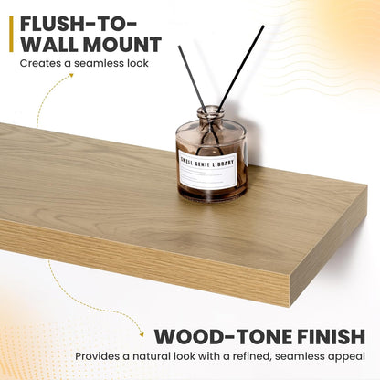 16 Inch Floating Shelves, 9.3" Deep Floating Shelf Wall Mounted, 16" Wall Shelves, Rustic Deep Bookshelf, Large Display Shelves & Storage Shelves for Bedroom, Living Room, Oak, Set of 2