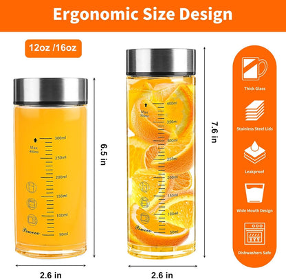Glass Juice Bottles 6 Pack 12 oz - Wide Mouth Glass Water Bottles with Lids - for Juicing, Protein, Smoothie, Milk, Reusable, BPA Free, Stainless Steel Lids, Blender, Shaker Bottle (12oz/400ml)
