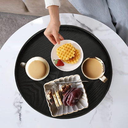 Round Solid Wood Serving Tray Extra Large Tea Coffee Snack Food Meals Serving Plate Non-Slip Kitchen Party Bar Server Ottoman Tray Breakfast Tray with Raised Edges (15.7inch/40cm) Black