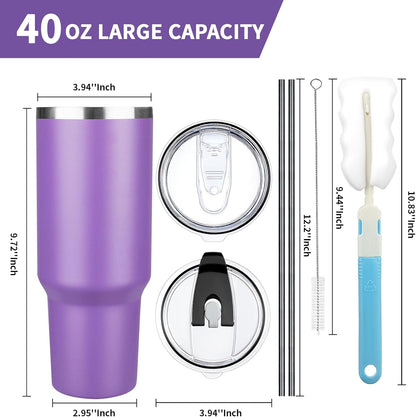 40 oz Tumbler with Lids and Straws, Stainless Steel Insulated Coffee Tumbler, Double Wall Vacuum Insulated Travel Mug Cup, Leakproof Thermal Coffee Cup for Hot and Cold Drinks (Purple)