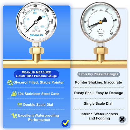 MEANLIN MEASURE 0~3000Psi Liquid Filled Pressure Gauge Stainless Steel with 316 Stainless Steel Joint 1/4" NPT 2.5" FACE DIAL for WOG Water Oil Air Lower Mount