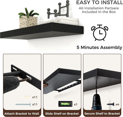 Floating Shelves for Wall, Large Wall Mounted Shelves with Invisible Brackets, Long Wood Floating Shelf Shelves for Living Room, Bedroom, Kitchen, (Black, 55" W x 9" D x 1.5" H)